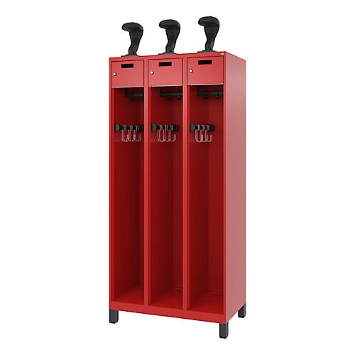 C+P Feuerwehrspind Evolo, Modell PRAKTUS, 3 Abteile, H 1850 x B 900 xT 500 mm, Füße, Feuerrot