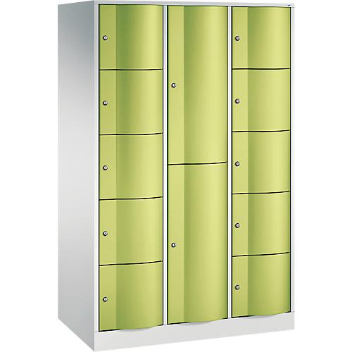 C+P Kombi-Schließfachschrank Resisto, 3 Abteile, 12 Fächer, B 1148 x T 640 x H 1950 mm, Lichtgrau/Clowngrün