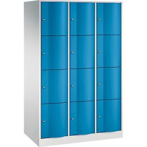 C+P Schließfachschrank Resisto, 3 Abteile, 12 Fächer, B 1148 x T 640 x H 1950 mm, Lichtgrau/Clowngrün