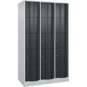 C+P Schließfachschrank Resisto, 3 Abteile, 15 Fächer, B 1148 x T 640 x H 1950 mm, Lichtgrau/Anthrazitgrau