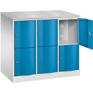 C+P Schließfachschrank Resisto, 3 Abteile, 6 Fächer, B 1148 x T 640 x H 1077 mm, Lichtgrau/Enzianblau