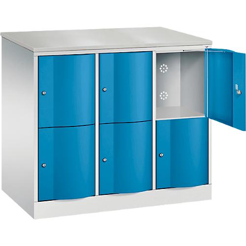 C+P Schließfachschrank Resisto, 3 Abteile, 6 Fächer, B 1148 x T 640 x H 1077 mm, Lichtgrau/Enzianblau