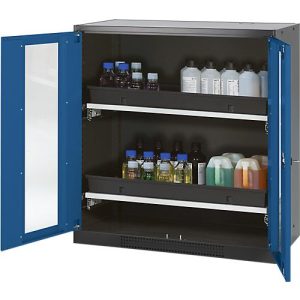 Chemikalienschrank Asecos CS-CLASSIC-G, Flügeltür m. Glasauschnitt, 2 Auszugswannen, 1055x520x1105 mm, enzianblau Chemikalienschrank Asecos CS-CLASSIC-G, Flügeltür m. Glasauschnitt, 2 Auszugswannen, 1055x520x1105 mm, enzianblau