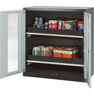 Chemikalienschrank Asecos CS-CLASSIC-G, Flügeltür m. Glasauschnitt, 2 Auszugswannen, 1055x520x1105 mm, lichtgrau Chemikalienschrank Asecos CS-CLASSIC-G, Flügeltür m. Glasauschnitt, 2 Auszugswannen, 1055x520x1105 mm, lichtgrau