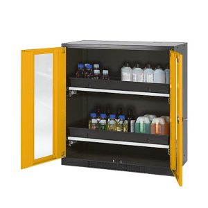 Chemikalienschrank Asecos CS-CLASSIC-G, Flügeltür m. Glasauschnitt, 2 Auszugswannen, 1055x520x1105 mm, sicherheitsgelb Chemikalienschrank Asecos CS-CLASSIC-G, Flügeltür m. Glasauschnitt, 2 Auszugswannen, 1055x520x1105 mm, sicherheitsgelb