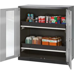 Chemikalienschrank Asecos CS-CLASSIC-G, Flügeltür m. Glasauschnitt, 2 Auszugswannen, 1055x520x1105 mm, silber Chemikalienschrank Asecos CS-CLASSIC-G, Flügeltür m. Glasauschnitt, 2 Auszugswannen, 1055x520x1105 mm, silber