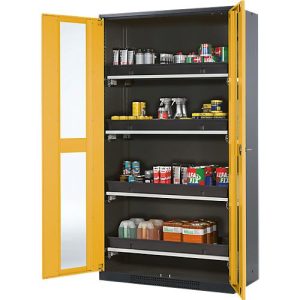 Chemikalienschrank Asecos CS-CLASSIC-G, Flügeltür m. Glasauschnitt, 4 Auszugswannen, 1055x520x1950 mm, sicherheitsgelb Chemikalienschrank Asecos CS-CLASSIC-G, Flügeltür m. Glasauschnitt, 4 Auszugswannen, 1055x520x1950 mm, sicherheitsgelb