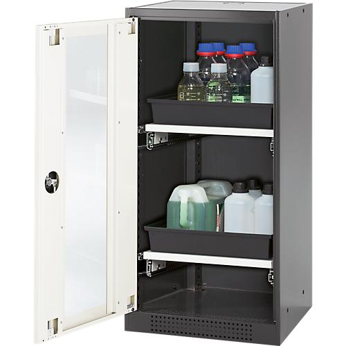 Chemikalienschrank Asecos CS-CLASSIC-G, Flügeltür und Glasausschnitt, 2 Auszüge, H 1105 mm, reinweiß