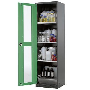 Chemikalienschrank Asecos CS-CLASSIC-G, Flügeltür und Glasausschnitt, 3 Böden, H 1950 mm, resedagrün Chemikalienschrank Asecos CS-CLASSIC-G, Flügeltür und Glasausschnitt, 3 Böden, H 1950 mm, resedagrün