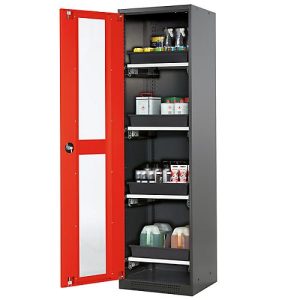 Chemikalienschrank Asecos CS-CLASSIC-G, Flügeltür und Glasausschnitt, 4 Auszüge, H 1950 mm, verkehrsrot Chemikalienschrank Asecos CS-CLASSIC-G, Flügeltür und Glasausschnitt, 4 Auszüge, H 1950 mm, verkehrsrot