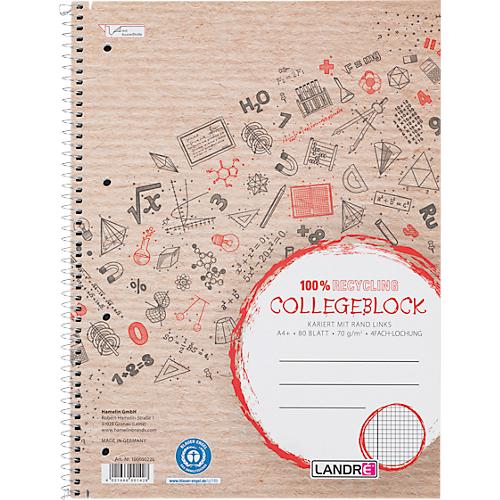 Collegeblock LANDRÉ Recycling, 80 Blatt, DIN A4+, 70 g/m², 4-fach gelocht, Spiralbindung, OPTIK PAPER®, kariert, Rand links, mehrfarbig