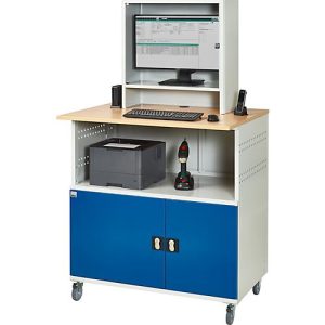 Computer-Station Typ 1023, Monitorfach bis 26“, Ablagefach, Arbeitsplatte, Unterschrank, bis 200 kg, B 1100 x T 790 x H 1890 mm, Stahl/Holz, mobil Computer-Station Typ 1023, Monitorfach bis 26“, Ablagefach, Arbeitsplatte, Unterschrank, bis 200 kg, B 1100 x T 790 x H 1890 mm, Stahl/Holz, mobil