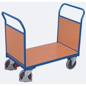 Doppel-Stirnwandwagen, Stahl/MDF-Platte, Enzianblau/Buche-Dekor, L 850 x B 500 mm, Stirnwände aus MDF-Platte, TPE-Rollen mit EasySTOP, bis 400 kg Doppel-Stirnwandwagen, Stahl/MDF-Platte, Enzianblau/Buche-Dekor, L 850 x B 500 mm, Stirnwände aus MDF-Platte, TPE-Rollen mit EasySTOP, bis 400 kg