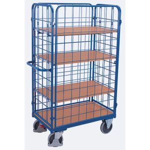 Drahtgitter-Etagenwagen, Stahl/MDF-Platte, Enzianblau/Buche-Dekor, 1 Etage, 1000 x 600 mm, einhängbare Längswände, EasySTOP, bis 500 kg Drahtgitter-Etagenwagen, Stahl/MDF-Platte, Enzianblau/Buche-Dekor, 1 Etage, 1000 x 600 mm, einhängbare Längswände, EasySTOP, bis 500 kg