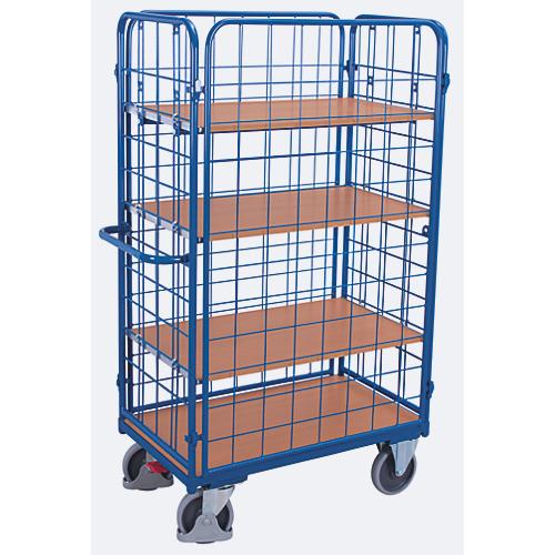 Drahtgitter-Etagenwagen, Stahl/MDF-Platte, Enzianblau/Buche-Dekor, 1 Etage, 1200 x 800 mm, einhängbare Längswände, EasySTOP, bis 500 kg