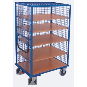Drahtgitter-Etagenwagen, Stahl/MDF-Platte, Enzianblau/Buche-Dekor, 5 Etagen, 1045 x 685 mm, 3 Wände und Dach, EasySTOP, bis 500 kg Drahtgitter-Etagenwagen, Stahl/MDF-Platte, Enzianblau/Buche-Dekor, 5 Etagen, 1045 x 685 mm, 3 Wände und Dach, EasySTOP, bis 500 kg