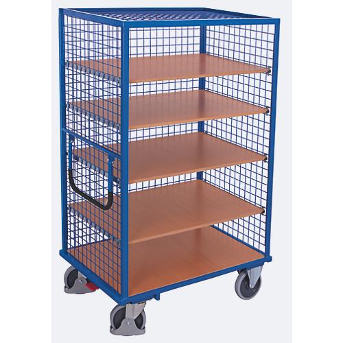 Drahtgitter-Etagenwagen, Stahl/MDF-Platte, Enzianblau/Buche-Dekor, 5 Etagen, 1045 x 685 mm, 3 Wände und Dach, EasySTOP, bis 500 kg