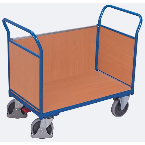 Dreiwandwagen, Stahl/MDF-Platte, Enzianblau/Buche-Dekor, L 1000 x B 575 mm, herausnehmbare Längswand, TPE-Rollen mit EasySTOP, bis 500 kg