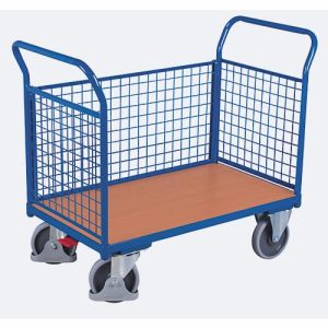 Dreiwandwagen, Stahl/MDF-Platte, Enzianblau/Buche-Dekor, L 1200 x B 775 mm, herausnehmbare Längswand, TPE-Rollen mit EasySTOP, bis 500 kg Dreiwandwagen, Stahl/MDF-Platte, Enzianblau/Buche-Dekor, L 1200 x B 775 mm, herausnehmbare Längswand, TPE-Rollen mit EasySTOP, bis 500 kg