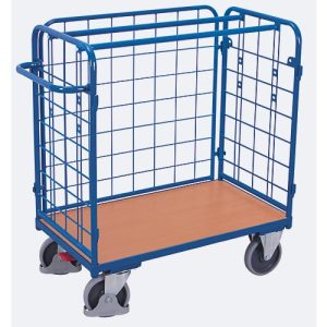 Dreiwandwagen, Stahl/MDF-Platte, Enzianblau/Buche-Dekor, L 1200 x B 800 mm, Nutzhöhe 925 mm, einhängbare Längswand, EasySTOP, bis 500 kg Dreiwandwagen, Stahl/MDF-Platte, Enzianblau/Buche-Dekor, L 1200 x B 800 mm, Nutzhöhe 925 mm, einhängbare Längswand, EasySTOP, bis 500 kg