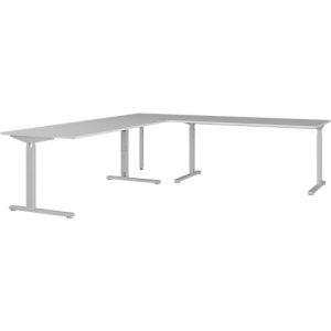 Eckschreibtisch Profi 2.0, mechanisch höheneinstellbar, C-Fuß, inkl. Ansatztisch mit Stützfuß, B 2400 x T 2600 x H 700-800 mm, silber/lichtgrau Eckschreibtisch Profi 2.0, mechanisch höheneinstellbar, C-Fuß, inkl. Ansatztisch mit Stützfuß, B 2400 x T 2600 x H 700-800 mm, silber/lichtgrau