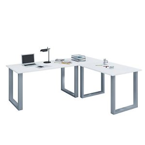 Eckschreibtisch, Winkel 90°, Bügelfuß, B 1300 x T 500/1300 x H 760 mm, weiß/silber Eckschreibtisch, Winkel 90°, Bügelfuß, B 1300 x T 500/1300 x H 760 mm, weiß/silber
