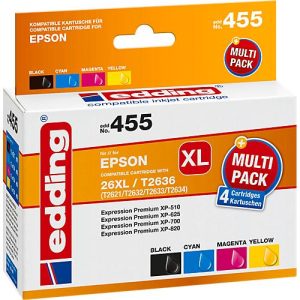 Edding Tintenpatronen EDD-455, ersetzt Epson 26XL CMYK (C13T26364010), Mixpack, schwarz, cyan, gelb, magenta Edding Tintenpatronen EDD-455, ersetzt Epson 26XL CMYK (C13T26364010), Mixpack, schwarz, cyan, gelb, magenta