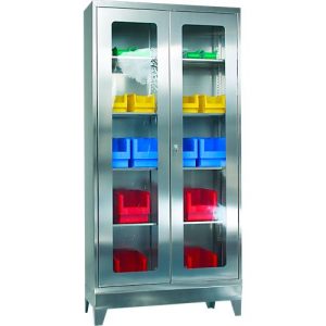 Edelstahl-Vitrinenschrank, 2-türig, 4 Einlegeböden, mit Füßen, B 1000 x T 400 x H 1950 mm Edelstahl-Vitrinenschrank, 2-türig, 4 Einlegeböden, mit Füßen, B 1000 x T 400 x H 1950 mm