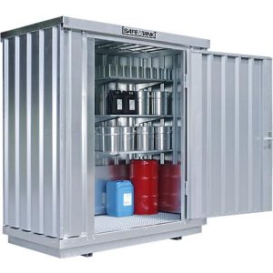 Einzel-Container Säbu SAFE TANK 300, für aktive Lagerung, Volumen 275 l, mit explosionsgeschütztem Lüfter, Auffangwanne & Gitterrost, B 2100 x T 1140 x H 2300 mm, silber Einzel-Container Säbu SAFE TANK 300, für aktive Lagerung, Volumen 275 l, mit explosionsgeschütztem Lüfter, Auffangwanne & Gitterrost, B 2100 x T 1140 x H 2300 mm, silber