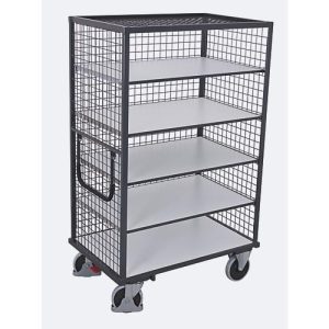 ESD-Drahtgitter-Etagenwagen, Stahl/Spanplatte, Graphitgrau/ Lichtgrau, 5 Etagen, 1245 x 785 mm, 3 Wände und Dach, EasySTOP, bis 500 kg ESD-Drahtgitter-Etagenwagen, Stahl/Spanplatte, Graphitgrau/ Lichtgrau, 5 Etagen, 1245 x 785 mm, 3 Wände und Dach, EasySTOP, bis 500 kg