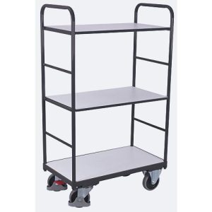 ESD-Etagenwagen, Stahl/Spanplatte, Graphitgrau/ Lichtgrau, 3 Etagen, 850 x 500 mm, EasySTOP, bis 250 kg ESD-Etagenwagen, Stahl/Spanplatte, Graphitgrau/ Lichtgrau, 3 Etagen, 850 x 500 mm, EasySTOP, bis 250 kg