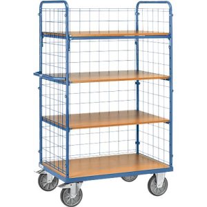 Etagenwagen, 4 Holz-Böden, bis 600 kg, 3 Gitterwände, 1000 x 600 mm, Stahl, blau Etagenwagen, 4 Holz-Böden, bis 600 kg, 3 Gitterwände, 1000 x 600 mm, Stahl, blau