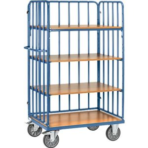 Etagenwagen, 4 Holz-Böden, bis 600 kg, 3-seitige Streben, 1000 x 600 mm, Stahl, blau Etagenwagen, 4 Holz-Böden, bis 600 kg, 3-seitige Streben, 1000 x 600 mm, Stahl, blau
