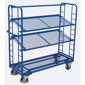 Etagenwagen, Stahl/Drahtgitter, Enzianblau, 3 Etagen, 1355 x 550 mm, Stirnwände mit Rundstahlverstrebung, EasySTOP, bis 250 kg Etagenwagen, Stahl/Drahtgitter, Enzianblau, 3 Etagen, 1355 x 550 mm, Stirnwände mit Rundstahlverstrebung, EasySTOP, bis 250 kg