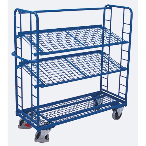 Etagenwagen, Stahl/Drahtgitter, Enzianblau, 3 Etagen, 1355 x 550 mm, Stirnwände mit Rundstahlverstrebung, EasySTOP, bis 250 kg