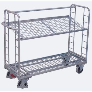 Etagenwagen, Stahl/Drahtgitter, silber, 2 Etagen, 1650 x 650 mm, 2 Stirnwände mit Rundstahlverstrebung, EasySTOP, bis 400 kg Etagenwagen, Stahl/Drahtgitter, silber, 2 Etagen, 1650 x 650 mm, 2 Stirnwände mit Rundstahlverstrebung, EasySTOP, bis 400 kg