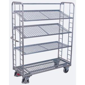 Etagenwagen, Stahl/Drahtgitter, silber, 4 Etagen, 1650 x 650 mm, 2 Stirnwände mit Rundstahlverstrebung, EasySTOP, bis 400 kg Etagenwagen, Stahl/Drahtgitter, silber, 4 Etagen, 1650 x 650 mm, 2 Stirnwände mit Rundstahlverstrebung, EasySTOP, bis 400 kg