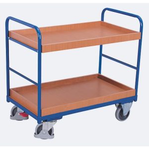 Etagenwagen, Stahl/MDF-Platte, Enzianblau/Buche-Dekor, 2 Etagen, 965 x 555 mm, EasySTOP, bis 250 kg Etagenwagen, Stahl/MDF-Platte, Enzianblau/Buche-Dekor, 2 Etagen, 965 x 555 mm, EasySTOP, bis 250 kg