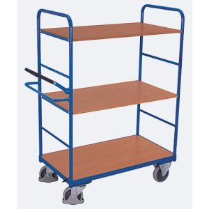 Etagenwagen, Stahl/MDF-Platte, Enzianblau/Buche-Dekor, 3 Etagen, 1000 x 600 mm, mit Totmannbremse, bis 500 kg Etagenwagen, Stahl/MDF-Platte, Enzianblau/Buche-Dekor, 3 Etagen, 1000 x 600 mm, mit Totmannbremse, bis 500 kg