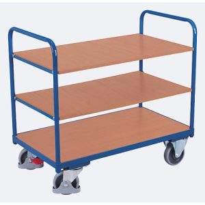 Etagenwagen, Stahl/MDF-Platte, Enzianblau/Buche-Dekor, 3 Etagen, 1000 x 700 mm, EasySTOP, bis 250 kg Etagenwagen, Stahl/MDF-Platte, Enzianblau/Buche-Dekor, 3 Etagen, 1000 x 700 mm, EasySTOP, bis 250 kg
