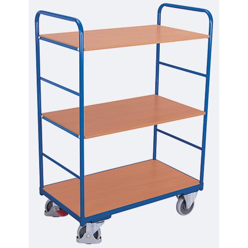 Etagenwagen, Stahl/MDF-Platte, Enzianblau/Buche-Dekor, 3 Etagen, 1000 x 700 mm, EasySTOP, bis 250 kg