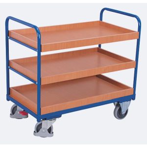Etagenwagen, Stahl/MDF-Platte, Enzianblau/Buche-Dekor, 3 Etagen, 1165 x 755 mm, EasySTOP, bis 250 kg Etagenwagen, Stahl/MDF-Platte, Enzianblau/Buche-Dekor, 3 Etagen, 1165 x 755 mm, EasySTOP, bis 250 kg