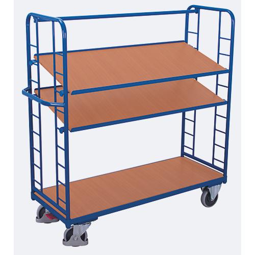 Etagenwagen, Stahl/MDF-Platte, Enzianblau/Buche-Dekor, 3 Etagen, 1355 x 550 mm, Stirnwände mit Rundstahlverstrebung, EasySTOP, bis 250 kg