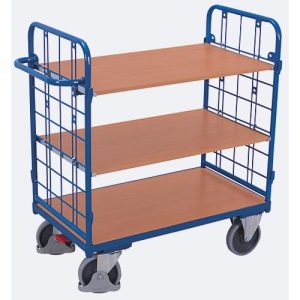 Etagenwagen, Stahl/MDF-Platte, Enzianblau/Buche-Dekor, 3 Etagen, 850 x 500 mm, Stirnwände aus Drahtgitter, EasySTOP, bis 400 kg Etagenwagen, Stahl/MDF-Platte, Enzianblau/Buche-Dekor, 3 Etagen, 850 x 500 mm, Stirnwände aus Drahtgitter, EasySTOP, bis 400 kg