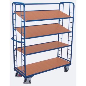 Etagenwagen, Stahl/MDF-Platte, Enzianblau/Buche-Dekor, 4 Etagen, 1650 x 650 mm, Stirnwände mit Rundstahlverstrebung, EasySTOP, bis 400 kg Etagenwagen, Stahl/MDF-Platte, Enzianblau/Buche-Dekor, 4 Etagen, 1650 x 650 mm, Stirnwände mit Rundstahlverstrebung, EasySTOP, bis 400 kg