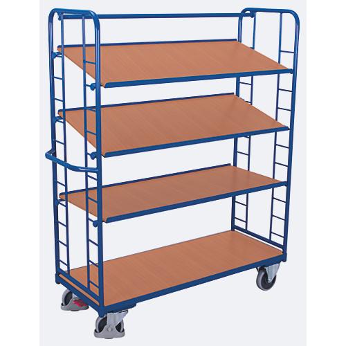 Etagenwagen, Stahl/MDF-Platte, Enzianblau/Buche-Dekor, 4 Etagen, 1650 x 650 mm, Stirnwände mit Rundstahlverstrebung, EasySTOP, bis 400 kg