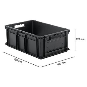 Euro Box SSI Schäfer EF 6220, 43,5 l, Traglast bis 20 kg, Euronorm, stapelbar, Durchfassgriff, L 600 x B 400 x H 220 mm, leitfähiges PP, schwarz Euro Box SSI Schäfer EF 6220, 43,5 l, Traglast bis 20 kg, Euronorm, stapelbar, Durchfassgriff, L 600 x B 400 x H 220 mm, leitfähiges PP, schwarz