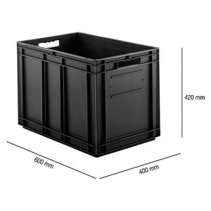 Euro Box SSI Schäfer EF 6420, 83,8 l, Traglast bis 20 kg, Euronorm, stapelbar, Durchfassgriff, L 600 x B 400 x H 420 mm, leitfähiges PP, schwarz Euro Box SSI Schäfer EF 6420, 83,8 l, Traglast bis 20 kg, Euronorm, stapelbar, Durchfassgriff, L 600 x B 400 x H 420 mm, leitfähiges PP, schwarz
