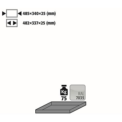 Fachboden Standard für asecos Druckgasflaschenschränke, Stahlblech, lichtgrau, B 485 x T 340 x H 25 mm, bis 75 kg