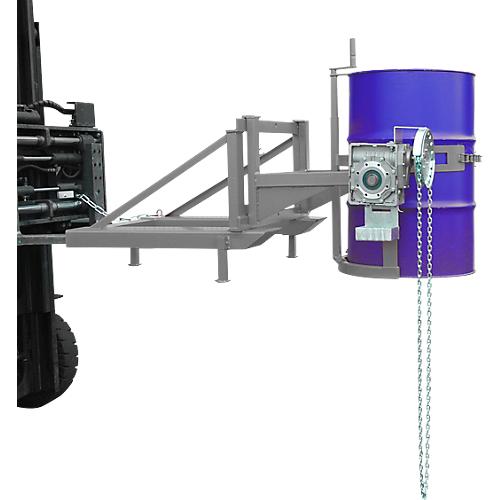 Fasskipper Bauer Typ FD/L, für 110-220 l Fässer, 360 kg, 270° Kippen, mit Endloskette, Stapleraufnahme, mausgrau RAL 7005